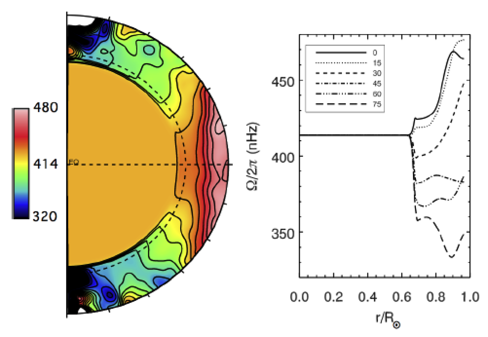 Profil de rotation solaire dans le plan méridional calculé avec le code ASH par Alvan et coll. (2015). Notez la forte rotation différentielle extérieure et la transition rapide vers une rotation en bloc au cœur du soleil (Alvan et coll. 2015). La transition s’effectue à travers une région appelée tachocline. 