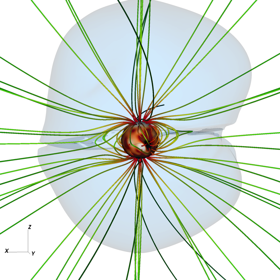Vent solaire calculé à partir d’un magnétogramme de l’Observatoire Wilcox au cours du cycle 22, en utilisant le code PLUTO (Reville, Brun et coll. 2015). Les lignes de champ sont colorées suivant l’amplitude de la composante radiale du champ magnétique (Br) et la nuance de gris correspond à la surface d’Alfvén, au-delà de laquelle la vitesse du vent est super-Alfvenique.