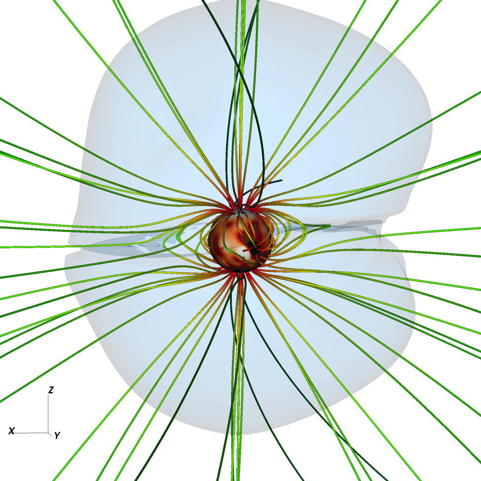 Solar Wind computed from a Wilcox Observatory magnetogram during cycle 22 using PLUTO code (Reville, Brun et al. 2015). Field lines are coded with Br amplitude and the grey shade corresponds to the Alfven surface, beyond which the wind speed is super-Alfvenic.