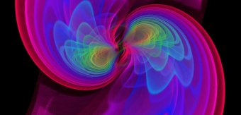 Simulation numérique des ondes gravitationnelles émises lors de la fusion de deux trous noirs - © simulation numérique S. OSSOKINE, A. BUONANNO (Max Planck Institute for Gravitational Physics), visualisation W. BENGER (Airborne Hydro Mapping GmbH)